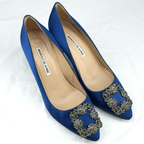 Manolo Blahnik Hangisi 70 Blue Satin Crystal Buckle Pumps 37.5 - Picture 3 of 7